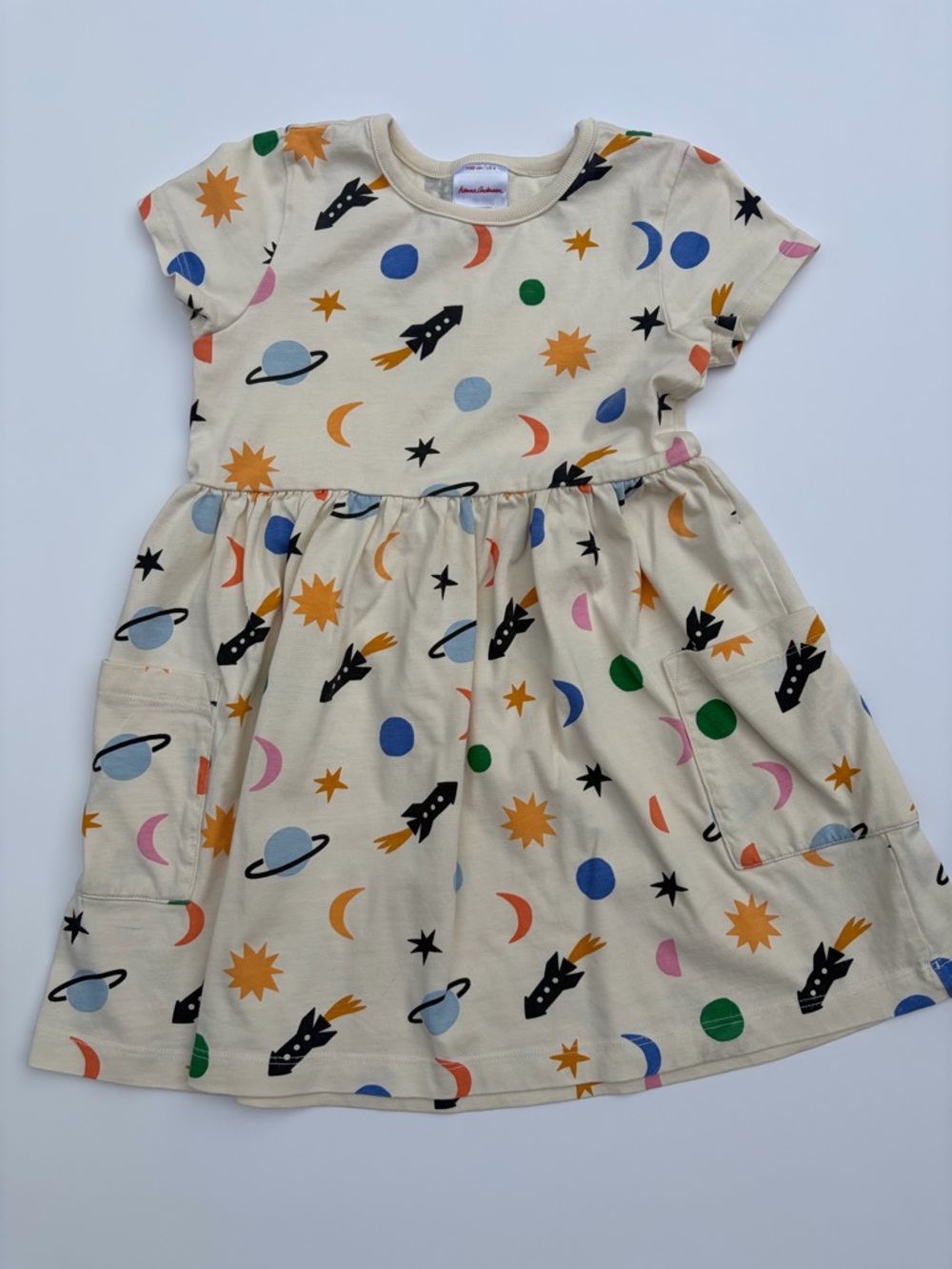 Hanna Andersson Space-Print Cotton Dress - Cream with Multicolor Stars & Rockets